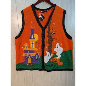 Vtg 90s Halloween Ugly Cardigan Sweater Vest Women's 2XL Haunted House Ghosts